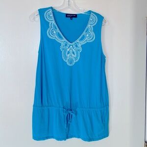 Jones New York Signature turquoise and white sleeveless top, cotton, size L